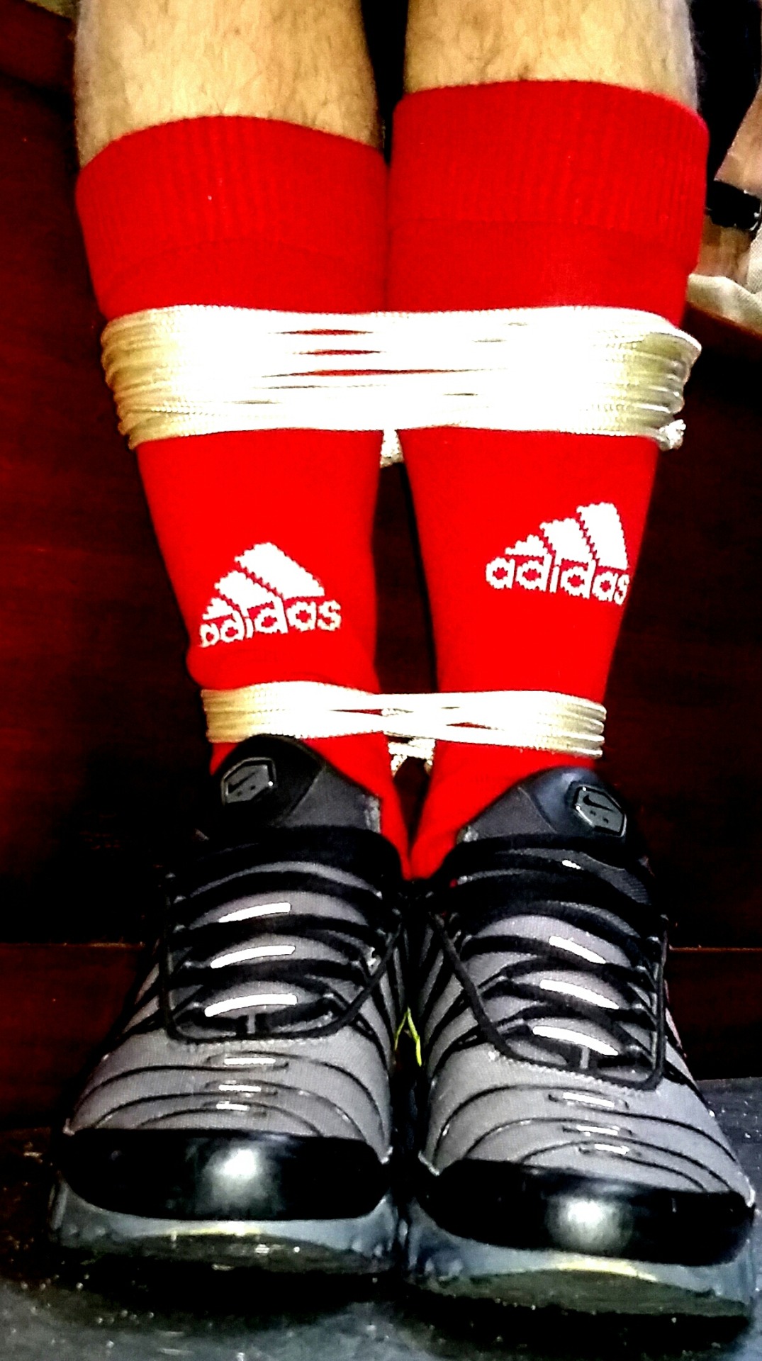 Red soccer socks bondage